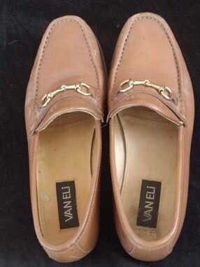 Vaneli Tan Leather Slip-On Loafers with Gold Bit